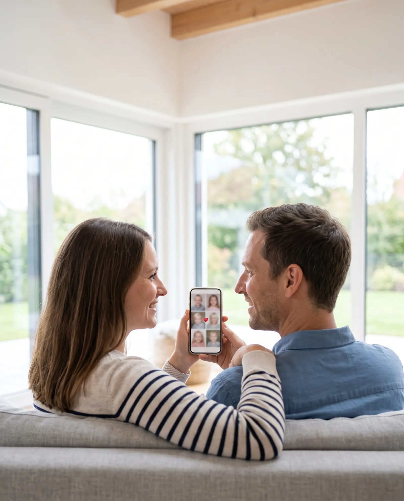 Eltern sehen sich auf dem Sofa gemeinsam Fotos auf dem Handy an
